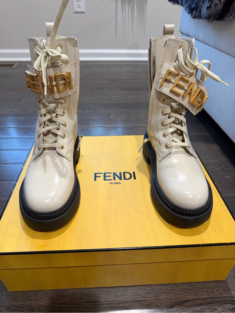 Fendi Cream Leather Lace-Up Combat Boots with Gold Logo Plaques